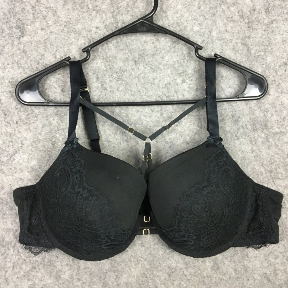 Cacique Bra 42C Boost Balconette Strappy Caged Lace Solid Black Sexy Push Up